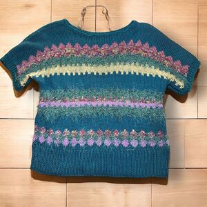 Womens Handmade Knitted Sweater Short Sleeve Multicolor Round Neck Granny